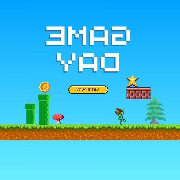 Game Day, Let's Play! Vintage video game scene of bricks, tubes, a piranha plant, a mushroom, a star and a coin against a blue sky.