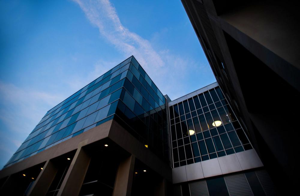 Zumberge Hall with twilight blue sky in background