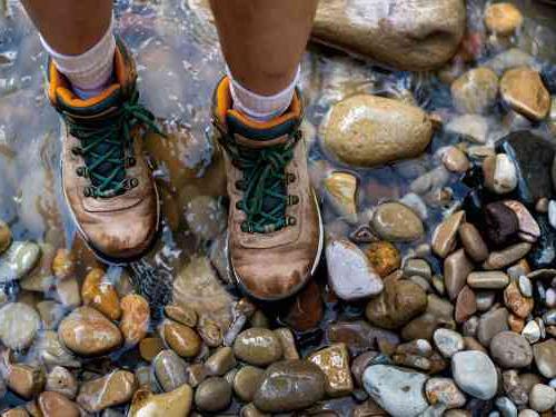 Closeup of a persons hiking boots standing in shallow water on river rocks