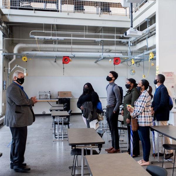 A group of Fort Valley students tour a GVSU classroom.