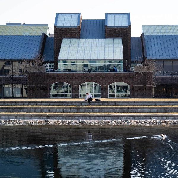 A duck on a pond with a person sitting on a tiered area is the foreground to a building.