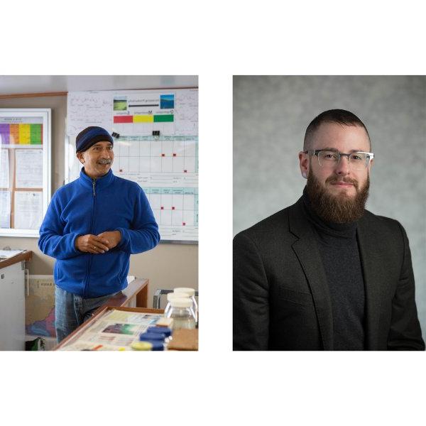 at left, headshot of Cáel M. Keegan and at right, Bopi Biddanda stands in the AWRI facility