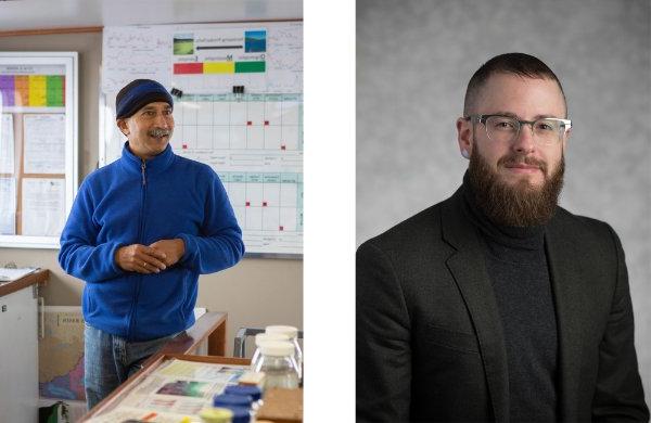 at left, headshot of Cáel M. Keegan and at right, Bopi Biddanda stands in the AWRI facility 