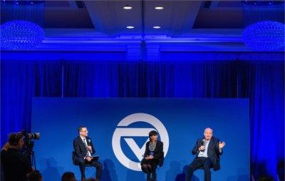 Jim Hackett and President Philomena V. Mantella answer questions from audience members during their Fireside Chat.