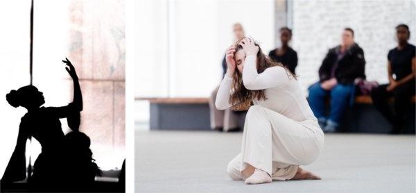  A dance and theatre performer shows emotion with their hands to their face,left. At right, a silhouette of a dancer with their hand raised in the air. 