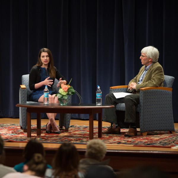 Marisa Kwiatkowski, '05, pictured speaking at Grand Valley in March about her investigation into the Larry Nassar sex abuse scandal, will be one of this year's CLAS Alumni-in-Residence.