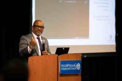 B. Donta Truss speaks during presentation celebrating the Strategic Enrollment Management Plan.