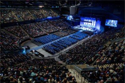 A photo taken from the upper level of Van Andel Area during the Commencement ceremony.