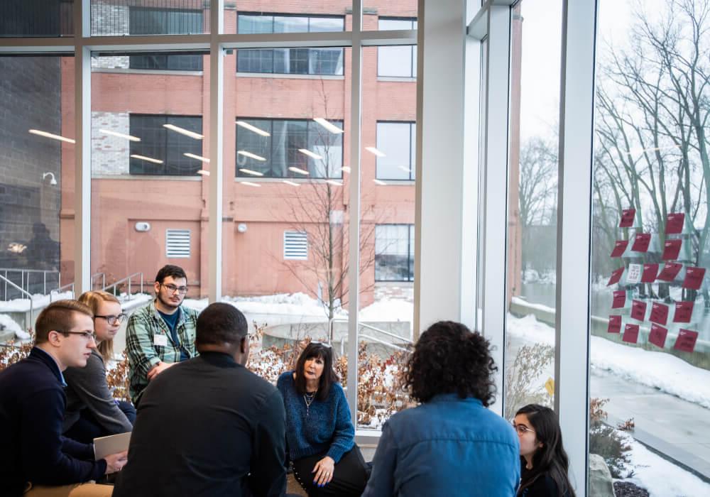 President Philomena V. Mantella with students at a design thinking workshop on the Pew Grand Rapids Campus January 24.