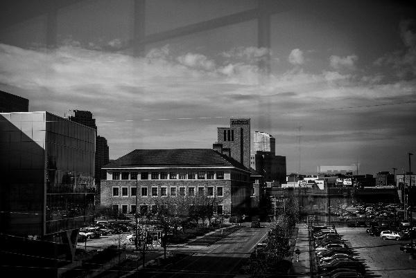  A black and white photo of a college campus. 