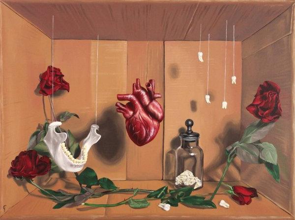 A painting shows a number of objects hanging down, including a heart, lower jaw and teeth. Flowers surround the objects. There is also a jar with white objects in it.