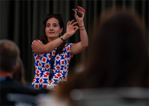 Laura Castle leads a discussion as part of the West Michigan Teacher Collaborative Summer Institute at the Eberhard Center in Grand Rapids on July 22. Castle is the executive director of the West Michigan Teacher Collaborative