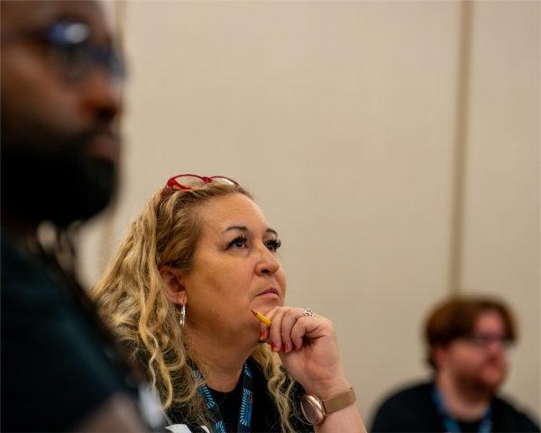 Rachelle Purosky takes part in the West Michigan Teacher Collaborative Summer Institute at the Eberhard Center in Grand Rapids on July 22.