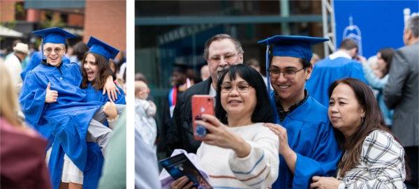 Left, a family takes a selfie together. Right, one graduate hoists another in their arms to celebrate.