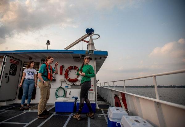 Researchers aboard the W.G. Jackson ship collecting data