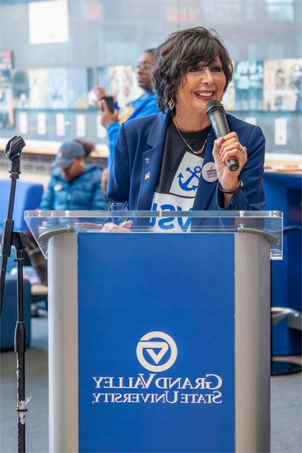 President Philomena V. Mantella speaks as part of an event at the Kirkhof Center encouraging the GVSU community to vote on November 5. 