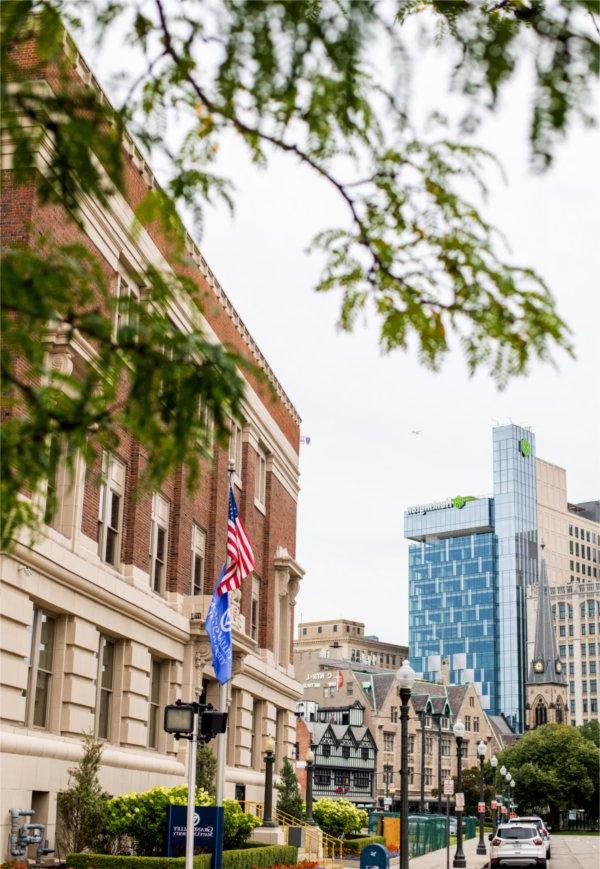 view from Detroit Center with flagpole in center